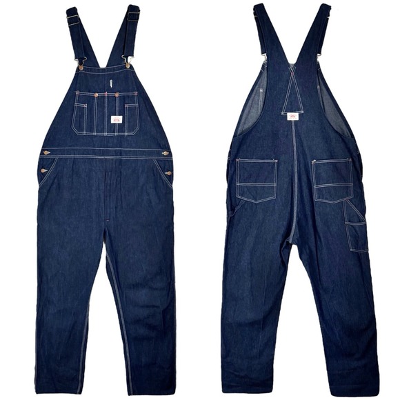 Vintage Round House Denim Bib Overalls Size 42 42x34 Dark Raw Cargo Ranch USA 80 - Picture 1 of 15